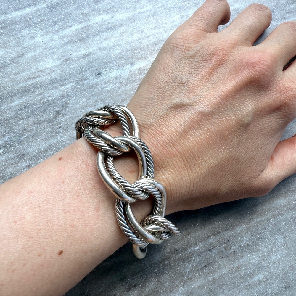 Authentic David Yurman Oval Double Cable Chain Sterling Silver Bracelet S